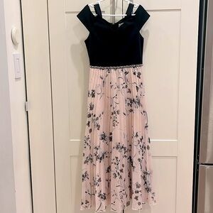 Size 8 off shoulder black & light pink flowy dress w/ flower & rhinestone design